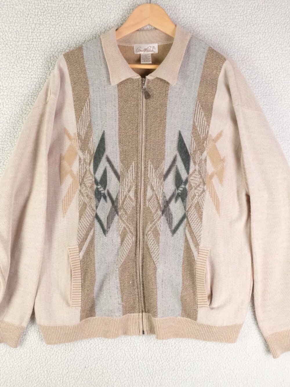 Vintage Sweater Mens Large Beige Geometric Grandpa Full Zip Knit 90S